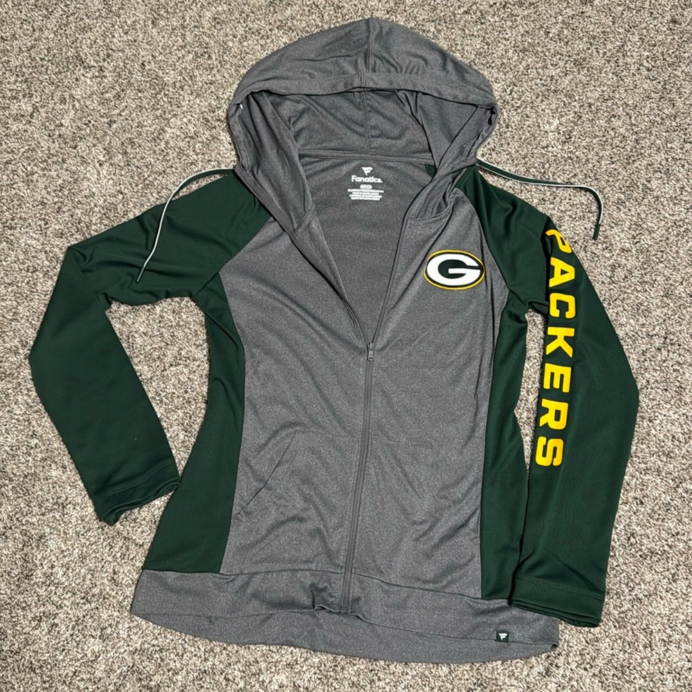Green Bay Packers lightweight full zip hooded top. Like new!